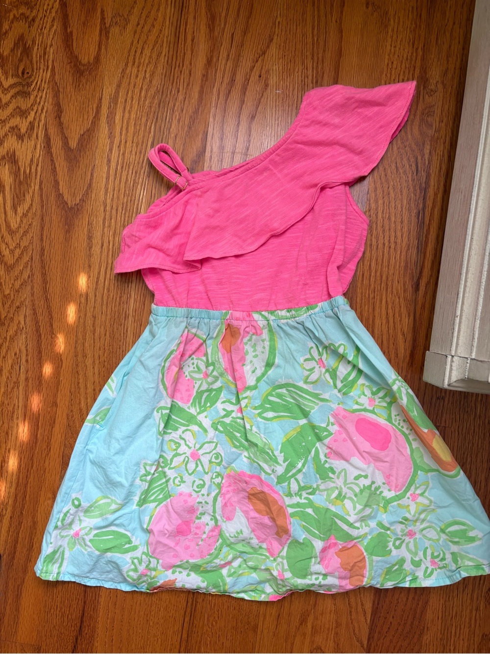 Lilly Pulitzer Hot Pink One-Shoulder Dress with Aqua Floral Skirt